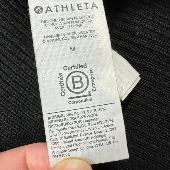 Athleta Sweater Womens Medium Black Handover Merino Wool Blend V Neck Knit Rib - Picture 5 of 8